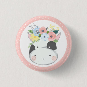 Baby Cow Floral Crown Pastel Pink Farm Barn Party 3 Cm Round Badge