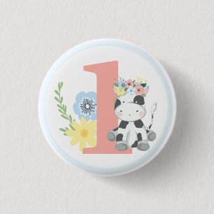 Baby Cow Floral Number One 1st Birthday Party 3 Cm Round Badge
