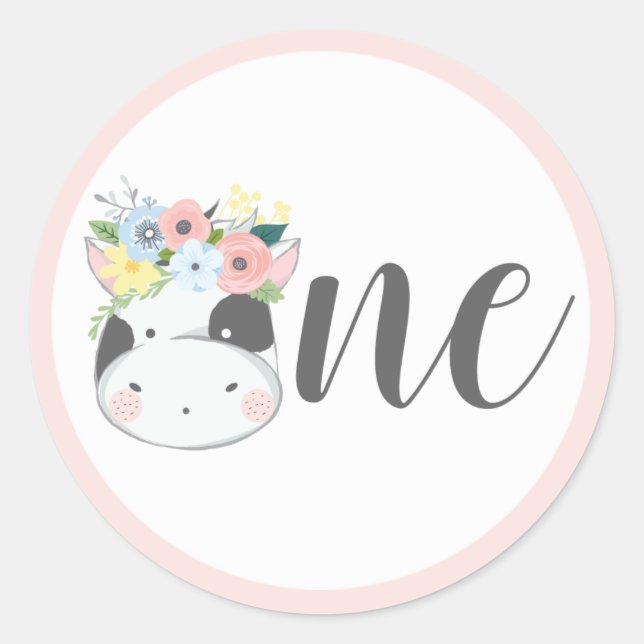 Baby Cow Floral Number One 1st Birthday Party Clas Classic Round Sticker (Front)