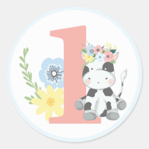Baby Cow Floral Number One 1st Birthday Party Classic Round Sticker