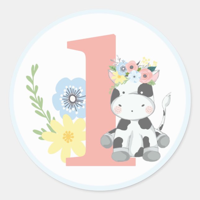 Baby Cow Floral Number One 1st Birthday Party Classic Round Sticker (Front)