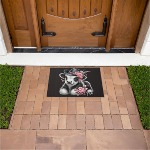 Baby Cow in a Stylish Hat Adorned With Pink Blooms Doormat