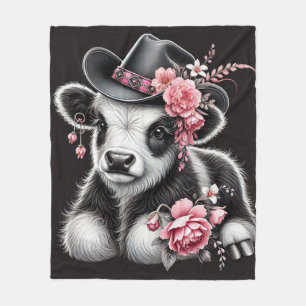 Baby Cow in a Stylish Hat Adorned With Pink Blooms Fleece Blanket