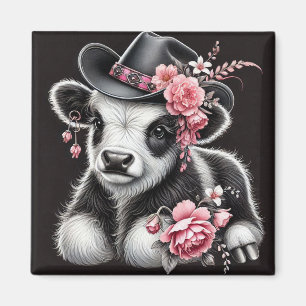 Baby Cow in a Stylish Hat Adorned With Pink Blooms Magnet