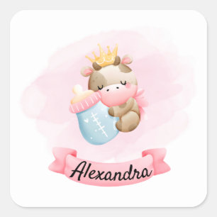 Baby Cow in Pink and Crown Square Sticker