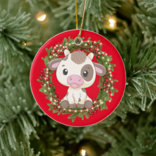 Baby Cow Merry Christmas  Red  Ceramic Tree Decoration