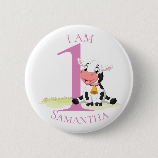 Baby Cow  PINK BIRTHDAY NUMBER 1 Button (Front)