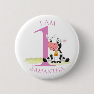 Baby Cow  PINK BIRTHDAY NUMBER 1 Button