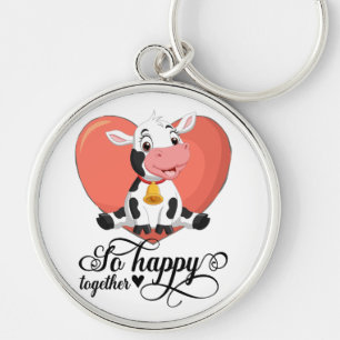 Baby Cow So Happy Together Red Heart Keychain