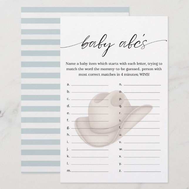 Baby Cowboy ABC Shower Game with Blue (Front/Back)