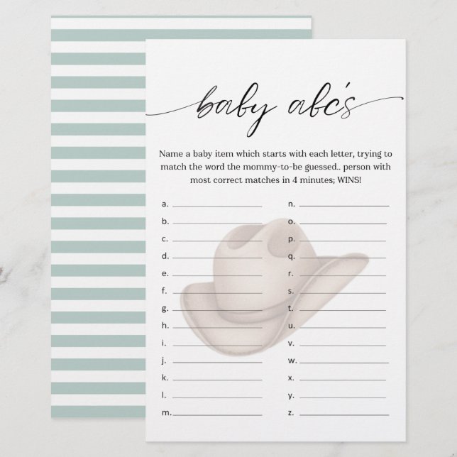 Baby Cowboy ABC Shower Game with Green (Front/Back)