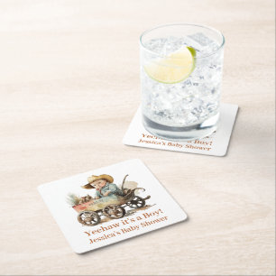 Baby Cowboy Baby Shower  Square Paper Coaster