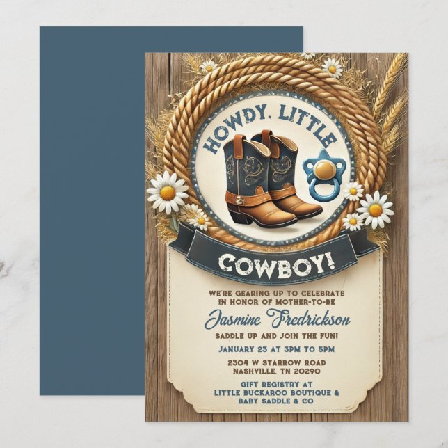 Baby Cowboy Blue Western Baby Shower Invitation (Front/Back)