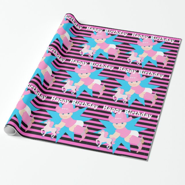 Baby Cowgirl Happy Birthday Wrapping Paper (Unrolled)
