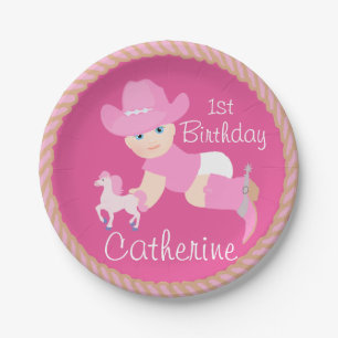 Baby Cowgirl With Pink Hat And Boots Birthday Paper Plate