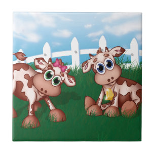 Baby Cows on a Hill Side With White Fence in Back Tile