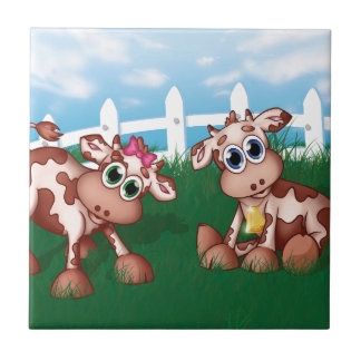 Baby Cows on a Hill Side With White Fence in Back Tile