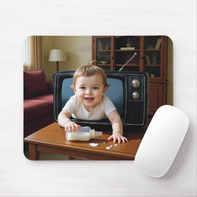 Baby Crawling Out of a Retro Television Mouse Mat (With Mouse)