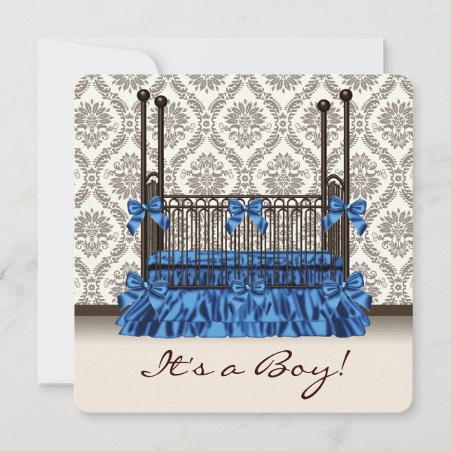 Baby Crib Blue Brown Damask Baby Boy Shower Invitation (Front)