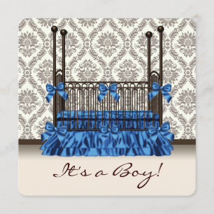 Baby Crib Blue Brown Damask Baby Boy Shower Invitation