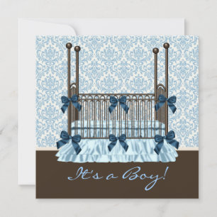 Baby Crib Blue Brown Damask Baby Boy Shower Invitation
