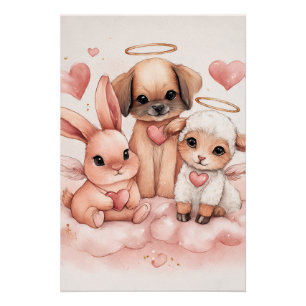Baby Cupid Animals Nursery Wall Art Watercolor