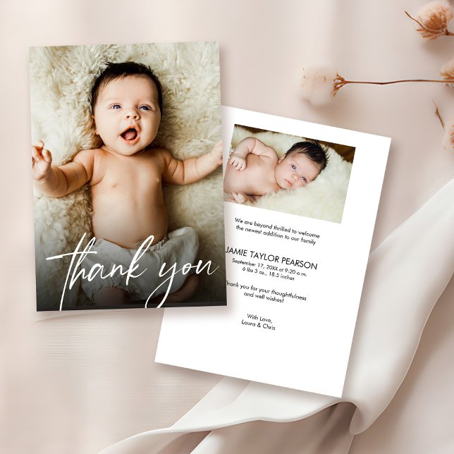 Baby Custom photos Modern Handlettering Thank You Card (Simple Text overlay Thank you photo baby card)