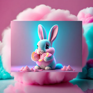Baby, cute, cartoon pink bunny eating candies postcard