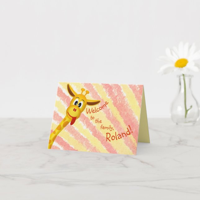 Baby Cute Yellow Giraffe Personalised Name Congrat Card (Small Plant)