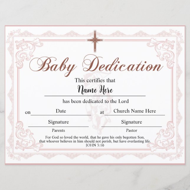 Baby Dedication Certificate Pink Girl (Front)