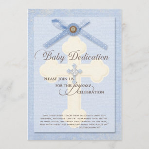 Baby Dedication Invitation - Blue w/ cross & ribbo