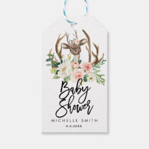 baby deer and floral pink baby shower tags