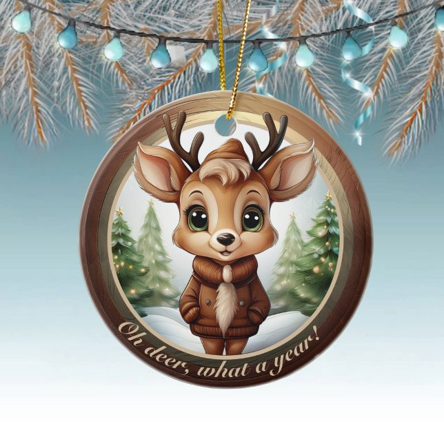 Baby Deer Antlers Animal Character Christmas 🦌🎄 Ceramic Tree Decoration (customizable text deer ornament custom reindeer christmas tree decoration antler holiday decor 🦌🎄)