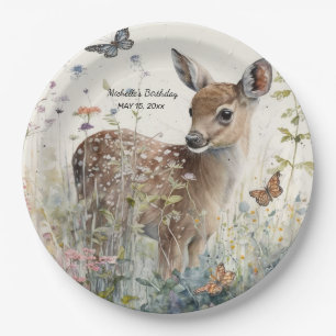 Baby Deer Butterflies Birthday Party Name Date  Paper Plate