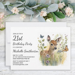 Baby Deer Butterfly Foliage Floral 21st Birthday Invitation