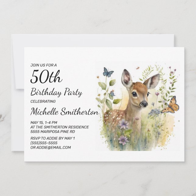 Baby Deer Butterfly Foliage Floral 50th Birthday Invitation (Front)