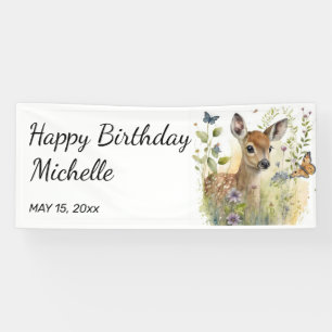 Baby Deer Butterfly Foliage Floral Happy Birthday Banner