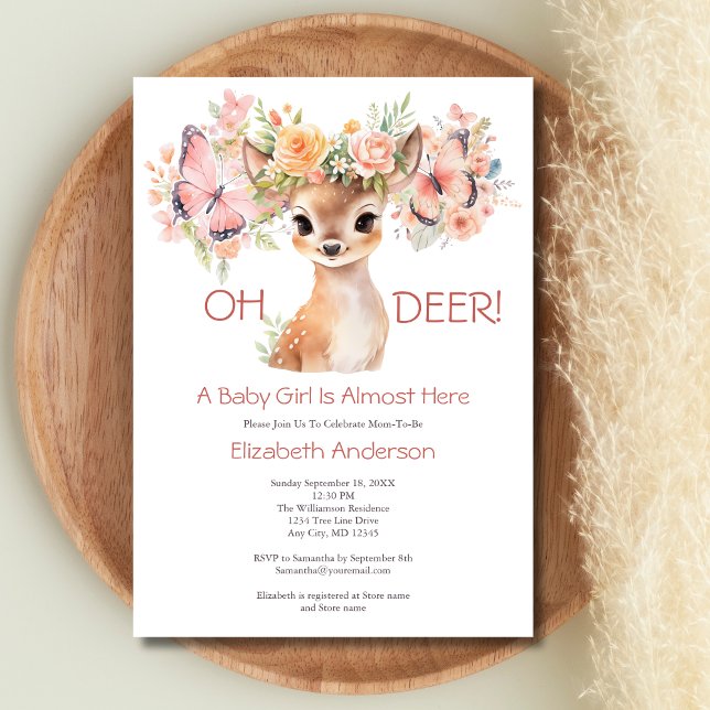 Baby Deer Butterfly Pink Floral Baby Shower Invitation (Baby Deer Butterflies Watercolor Pink Florals Baby Shower Invitation Woodland animals.)