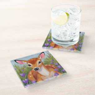 Baby Deer Fawn Animal Painting Watercolor Art Glass Coaster