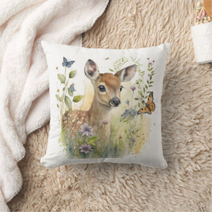 Baby Deer Fawn Butterfly Painting  Cushion