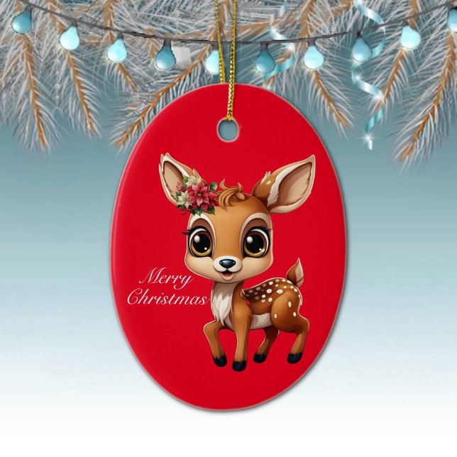 Baby Deer, Fawn, Doe 🦌 🎄Cute Merry Christmas Ceramic Tree Decoration (Whimsical Deer Woodland Wildlife Fawn, Floral Doe Christmas Cute Festive Red Oval Xmas Ornament 🦌🎄)