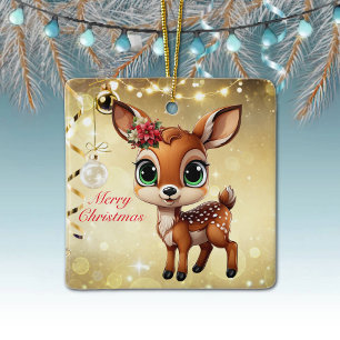 Baby Deer, Fawn, Doe 🦌 🎄Gold Merry Christmas Ceramic Ornament