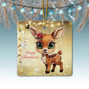 Baby Deer, Fawn, Doe 🦌 🎄Gold Merry Christmas Ceramic Ornament