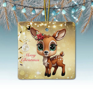Baby Deer, Fawn, Doe 🦌 🎄Gold Merry Christmas Ceramic Ornament