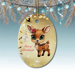 Baby Deer, Fawn, Doe 🦌 🎄Gold Merry Christmas Ceramic Tree Decoration