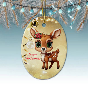 Baby Deer, Fawn, Doe 🦌 🎄Gold Merry Christmas Ceramic Tree Decoration