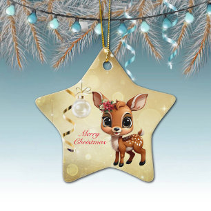 Baby Deer, Fawn, Doe 🦌 🎄Gold Merry Christmas Ceramic Tree Decoration