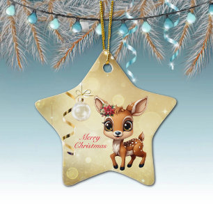Baby Deer, Fawn, Doe 🦌 🎄Gold Merry Christmas Ceramic Tree Decoration