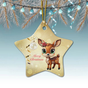 Baby Deer, Fawn, Doe 🦌 🎄Gold Merry Christmas Ceramic Tree Decoration