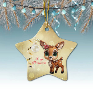 Baby Deer, Fawn, Doe 🦌 🎄Gold Merry Christmas Ceramic Tree Decoration